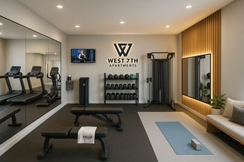 Large well-equipped fitness center with yoga area and free weights open 24 hours